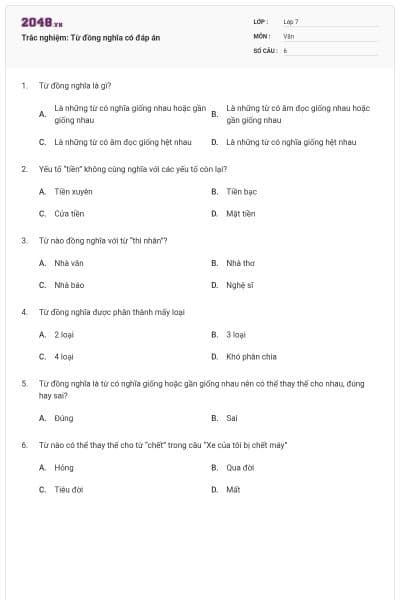 Trắc nghiệm: Từ đồng nghĩa có đáp án