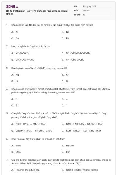 Bộ đề thi thử môn Hóa THPT Quốc gia năm 2022 có lời giải (Đề 3)