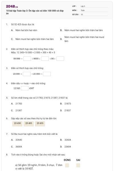 10 bài tập Toán lớp 3: Ôn tập các số đến 100 000 có đáp án