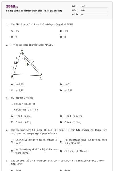 Bài tập Định lí Ta-lét trong tam giác (có lời giải chi tiết)