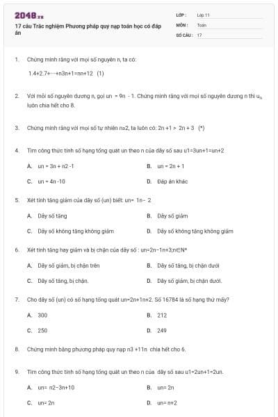 17 câu Trắc nghiệm Phương pháp quy nạp toán học có đáp án