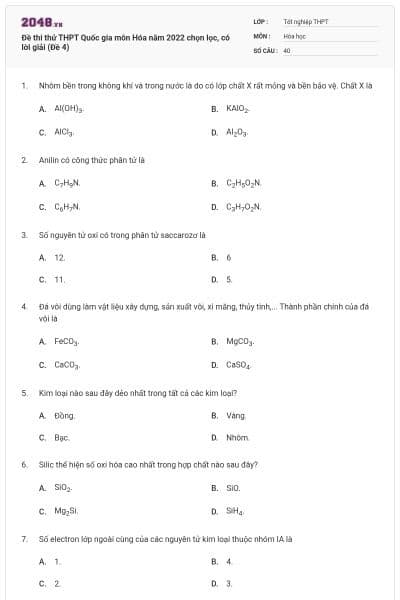 Đề thi thử THPT Quốc gia môn Hóa năm 2022 chọn lọc, có lời giải (Đề 4)