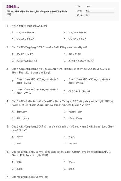 Bài tập Khái niệm hai tam giác đồng dạng (có lời giải chi tiết)