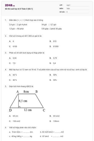 Đề thi cuối học kì II Toán 3 (Đề 1)