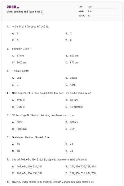 Đề thi cuối học kì II Toán 3 (Đề 3)