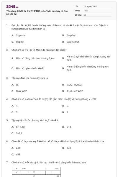 Tổng hợp 20 đề thi thử THPTQG môn Toán cực hay có đáp án (đề 12)
