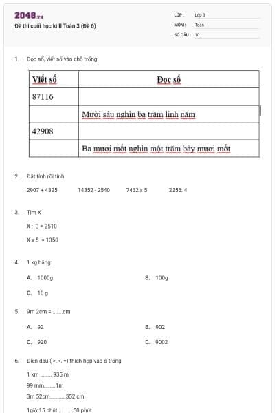Đề thi cuối học kì II Toán 3 (Đề 6)