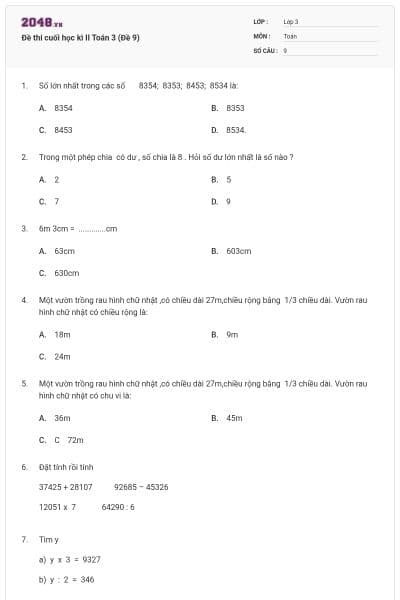Đề thi cuối học kì II Toán 3 (Đề 9)