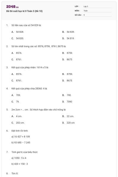 Đề thi cuối học kì II Toán 3 (Đề 10)