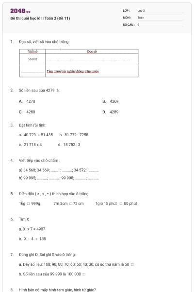 Đề thi cuối học kì II Toán 3 (Đề 11)