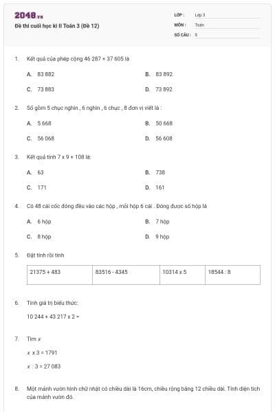 Đề thi cuối học kì II Toán 3 (Đề 12)
