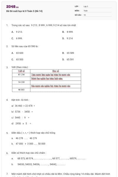 Đề thi cuối học kì II Toán 3 (Đề 14)