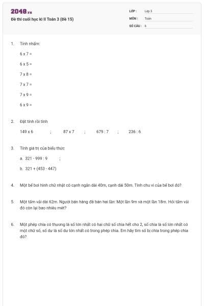 Đề thi cuối học kì II Toán 3 (Đề 15)