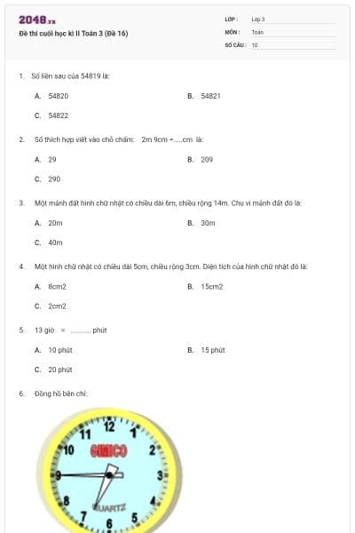 Đề thi cuối học kì II Toán 3 (Đề 16)