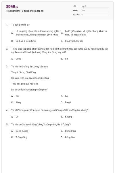 Trắc nghiệm: Từ đồng âm có đáp án