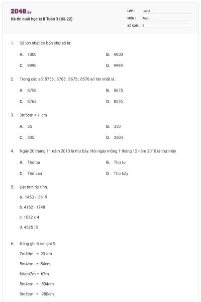 Đề thi cuối học kì II Toán 3 (Đề 22)