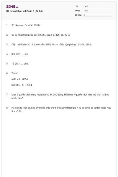 Đề thi cuối học kì II Toán 3 (Đề 24)