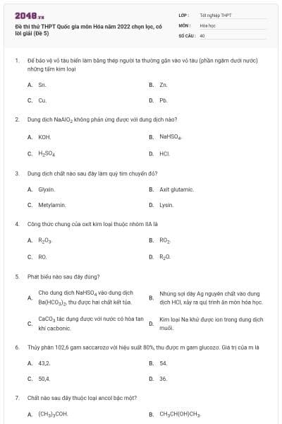 Đề thi thử THPT Quốc gia môn Hóa năm 2022 chọn lọc, có lời giải (Đề 5)