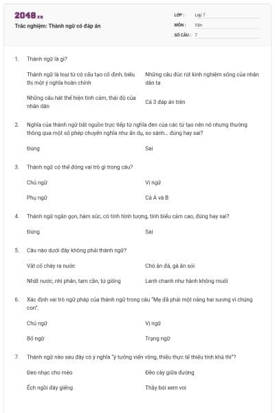 Trắc nghiệm: Thành ngữ có đáp án