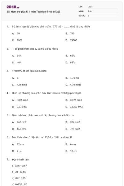 Bài kiểm tra giữa kì II môn Toán lớp 5 (Đề số 22)
