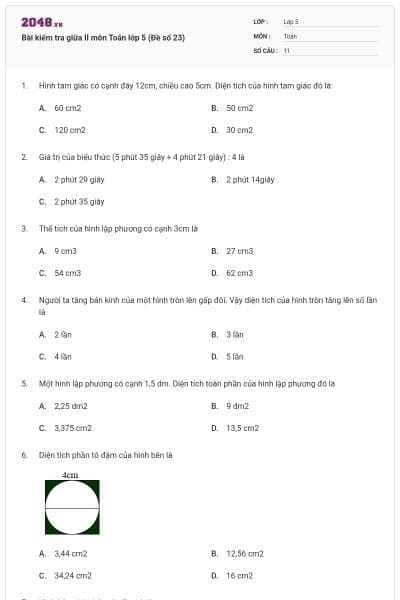 Bài kiểm tra giữa II môn Toán lớp 5 (Đề số 23)