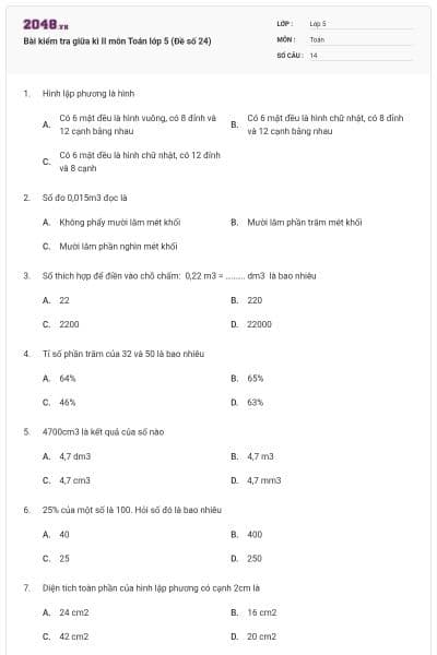 Bài kiểm tra giữa kì II môn Toán lớp 5 (Đề số 24)