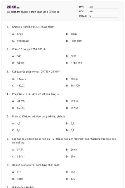 Bài kiểm tra giữa kì II môn Toán lớp 5 (Đề số 25)
