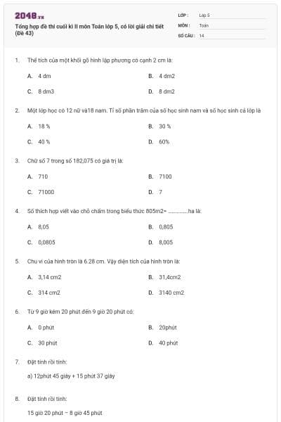 Tổng hợp đề thi cuối kì II môn Toán lớp 5, có lời giải chi tiết (Đề 43)