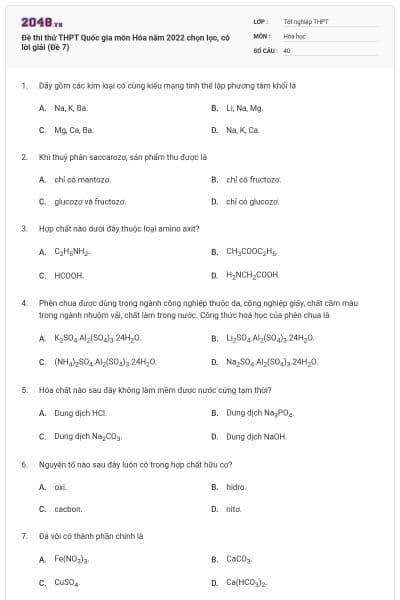 Đề thi thử THPT Quốc gia môn Hóa năm 2022 chọn lọc, có lời giải (Đề 7)