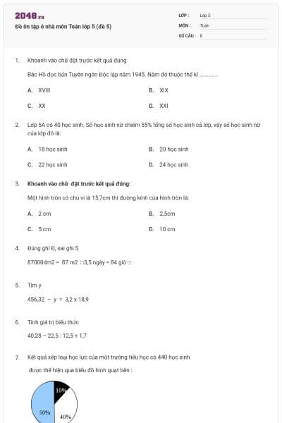 Đề ôn tập ở nhà môn Toán lớp 5 (đề 5)