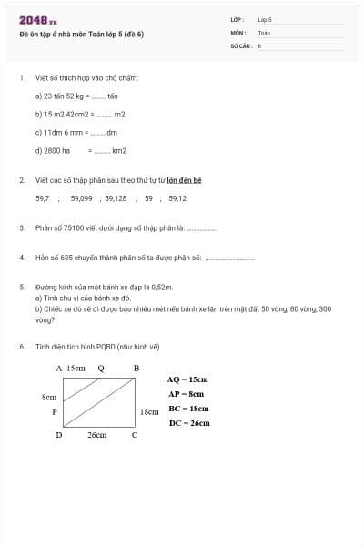 Đề ôn tập ở nhà môn Toán lớp 5 (đề 6)