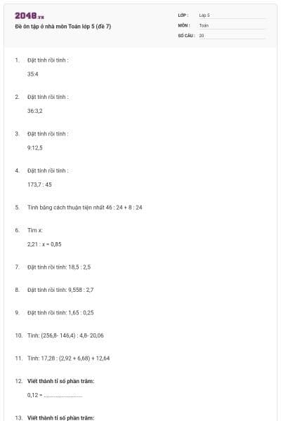 Đề ôn tập ở nhà môn Toán lớp 5 (đề 7)