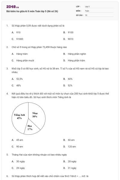 Bài kiểm tra giữa kì II môn Toán lớp 5 (Đề số 26)