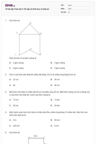 10 bài tập Toán lớp 3: Ôn tập về hình học có đáp án