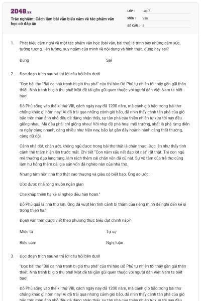 Trắc nghiệm: Cách làm bài văn biểu cảm về tác phẩm văn học có đáp án