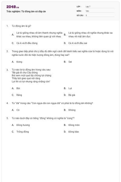 Trắc nghiệm: Từ đồng âm có đáp án