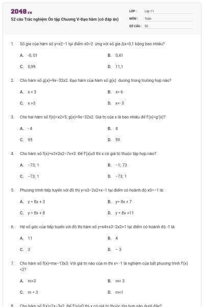 52 câu Trắc nghiệm Ôn tập Chương V-Đạo hàm (có đáp án)