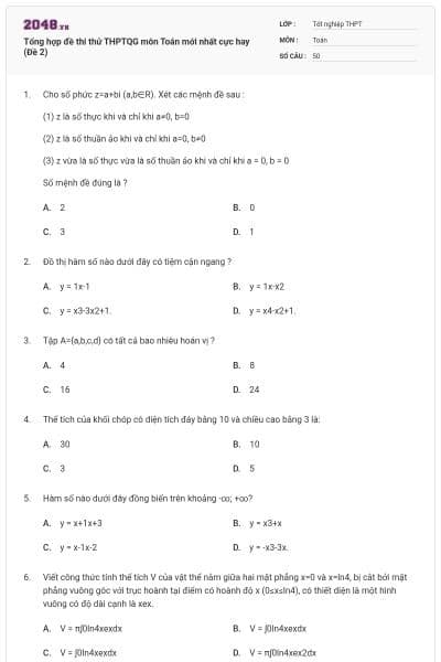 Tổng hợp đề thi thử THPTQG môn Toán mới nhất cực hay (Đề 2)