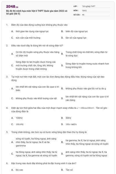 Bộ đề thi minh họa môn Vật lí THPT Quốc gia năm 2022 có lời giải (Đề 5)