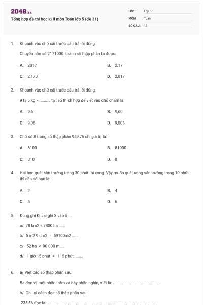 Tổng hợp đề thi học kì II môn Toán lớp 5 (đề 31)