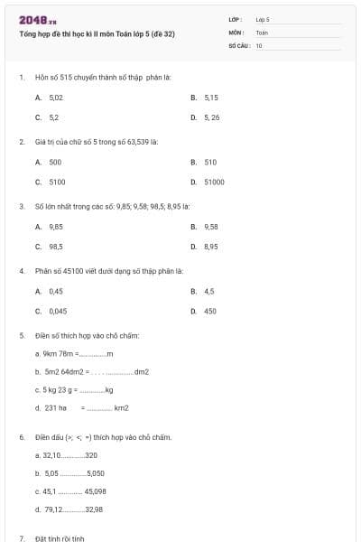 Tổng hợp đề thi học kì II môn Toán lớp 5 (đề 32)