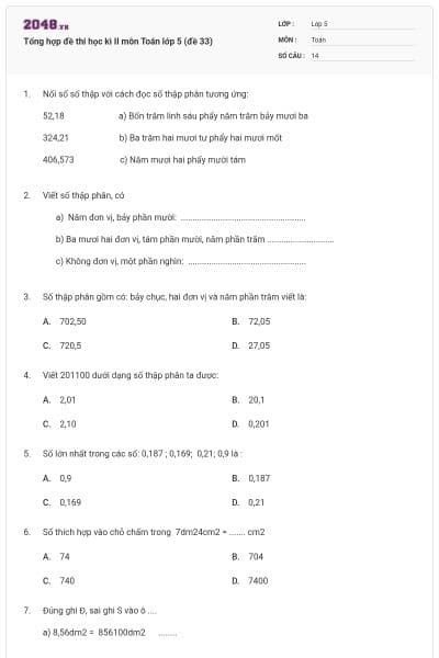 Tổng hợp đề thi học kì II môn Toán lớp 5 (đề 33)