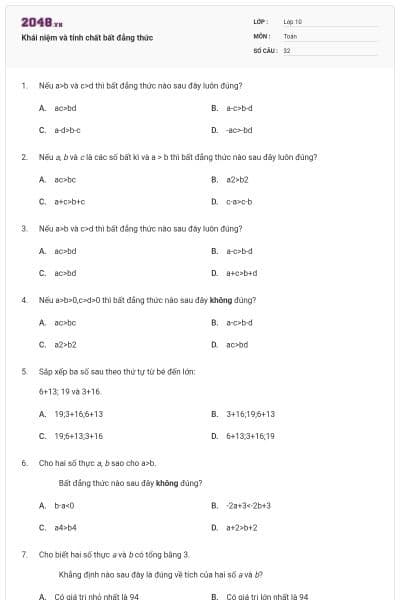 Khái niệm và tính chất bất đẳng thức