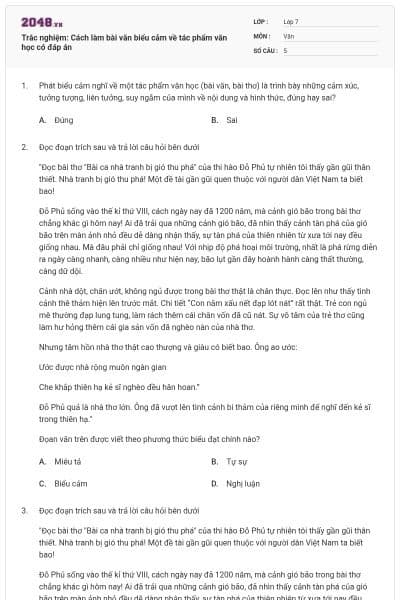 Trắc nghiệm: Cách làm bài văn biểu cảm về tác phẩm văn học có đáp án