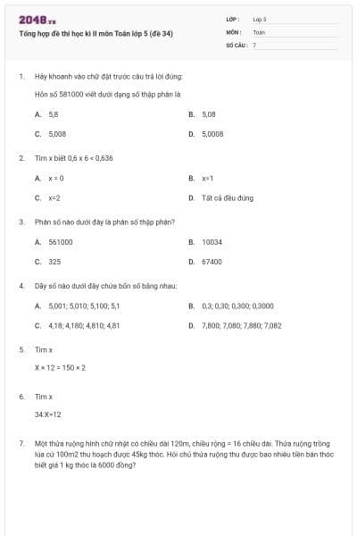 Tổng hợp đề thi học kì II môn Toán lớp 5 (đề 34)