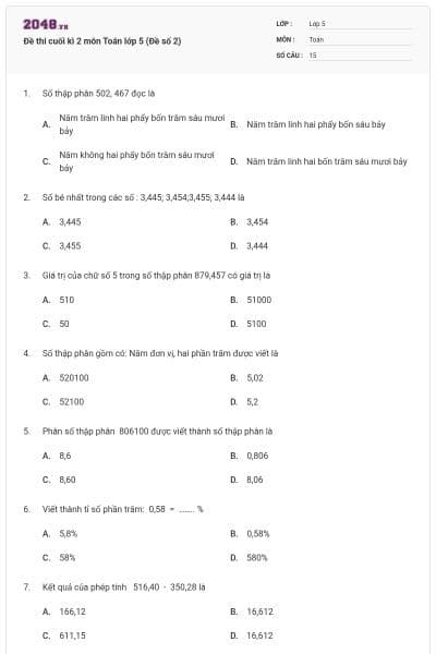 Đề thi cuối kì 2 môn Toán lớp 5 (Đề số 2)