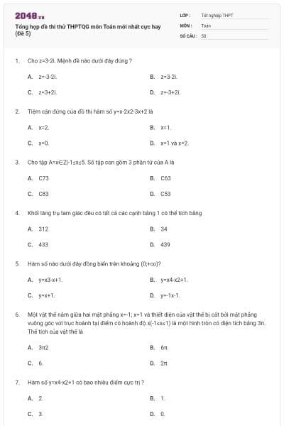 Tổng hợp đề thi thử THPTQG môn Toán mới nhất cực hay (Đề 5)