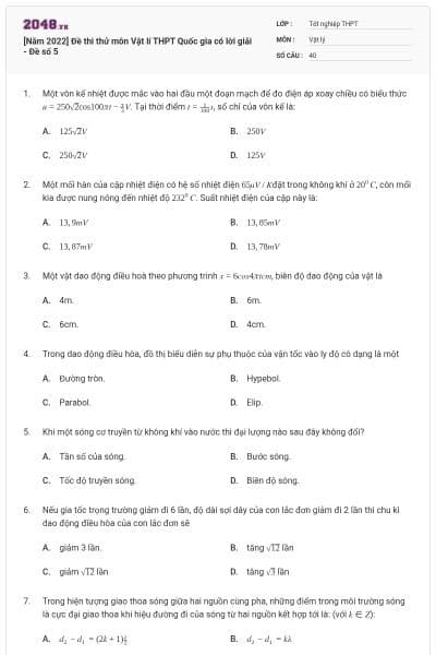 [Năm 2022] Đề thi thử môn Vật lí THPT Quốc gia có lời giải - Đề số 5