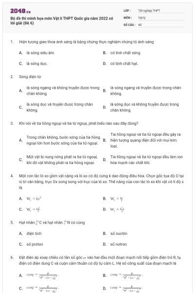 Bộ đề thi minh họa môn Vật lí THPT Quốc gia năm 2022 có lời giải (Đề 6)