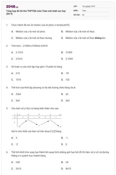 Tổng hợp đề thi thử THPTQG môn Toán mới nhất cực hay (Đề 9)
